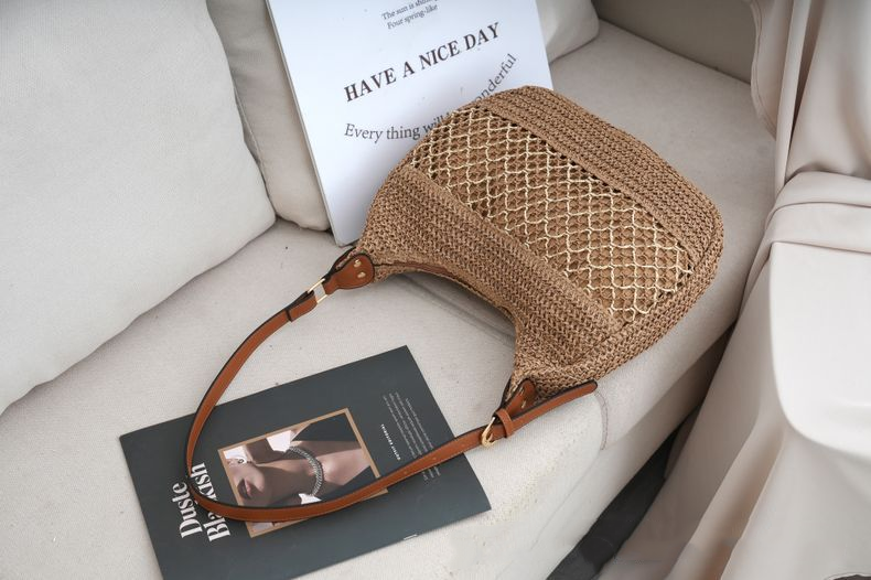 Bolso de Hombro Hobo de Paja Tejida Hueca, Bandolera Urbana Minimalista con Cremallera, Bolso de Mano Ovalado Mediano para Primavera en Caqui, Blanco Roto
