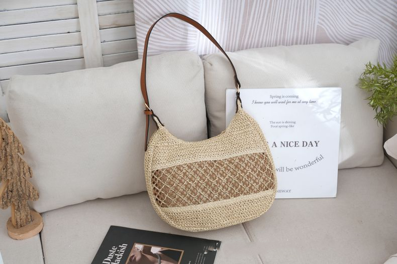 Bolso de Hombro Hobo de Paja Tejida Hueca, Bandolera Urbana Minimalista con Cremallera, Bolso de Mano Ovalado Mediano para Primavera en Caqui, Blanco Roto