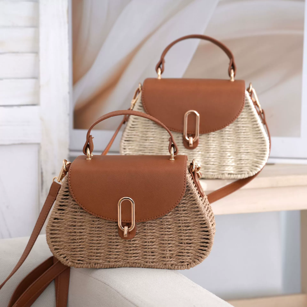 Bolso cruzado mini satchel de papel tejido, cartera con asa superior con solapa y cierre metálico minimalista urbano, pequeño bolso de mano ovalado para el día a día primavera 2026