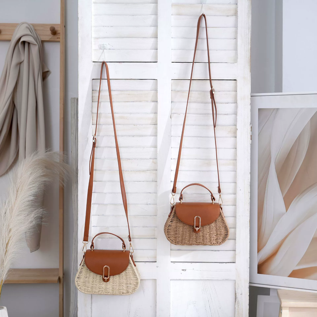 Bolso cruzado mini satchel de papel tejido, cartera con asa superior con solapa y cierre metálico minimalista urbano, pequeño bolso de mano ovalado para el día a día primavera 2026
