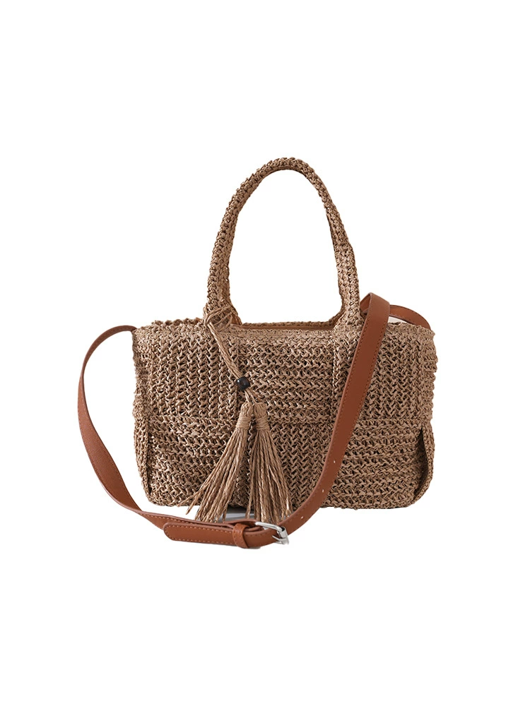 Bolso tote de paja tejido con detalle de borla, Bolso bandolera con cremallera estilo urbano, Cartera diaria cuadrada horizontal mediana para primavera 2026 en color caqui, blanco roto