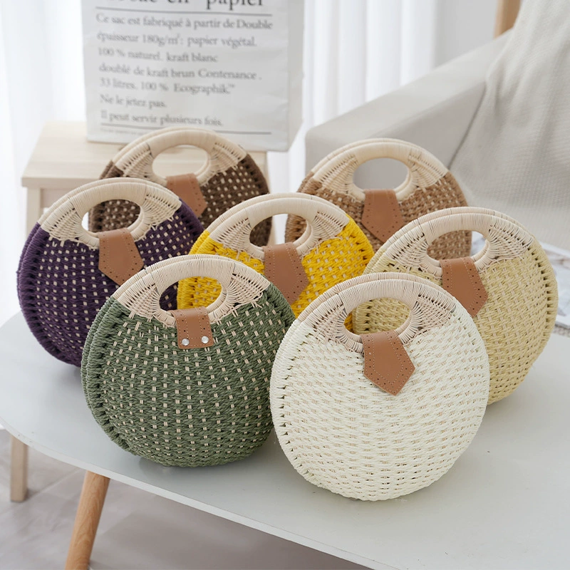Bolso de mano de paja ovalado redondo con asa superior, bolso de paja dulce y fresco con solapa portátil, bolso de mano mediano de playa multicolor (7 opciones de color)