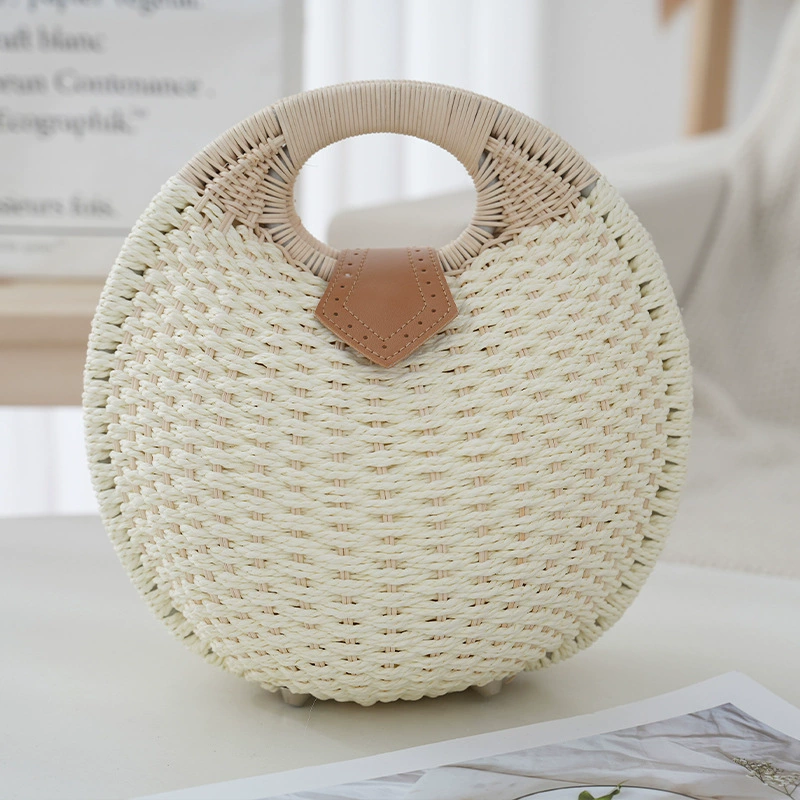 Bolso de mano de paja ovalado redondo con asa superior, bolso de paja dulce y fresco con solapa portátil, bolso de mano mediano de playa multicolor (7 opciones de color)