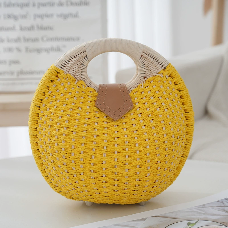 Bolso de mano de paja ovalado redondo con asa superior, bolso de paja dulce y fresco con solapa portátil, bolso de mano mediano de playa multicolor (7 opciones de color)