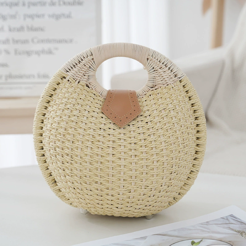 Bolso de mano de paja ovalado redondo con asa superior, bolso de paja dulce y fresco con solapa portátil, bolso de mano mediano de playa multicolor (7 opciones de color)
