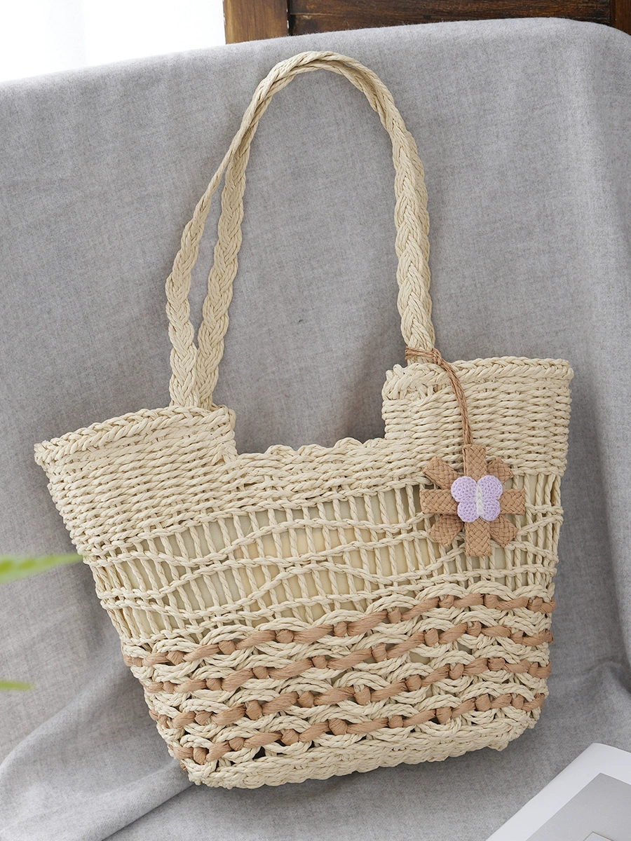 Bolso Tote de Paja Calado con Adornos Florales, Bolso de Hombro Shopper con Cremallera de Tendencia Urbana, Bolso de Mano Mediano Cuadrado Horizontal para Verano 2023 en Blanco Roto, Caqui