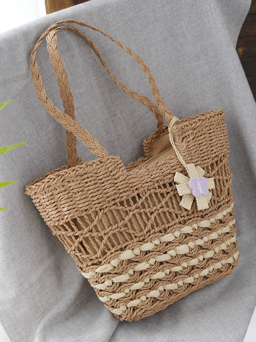 Bolso Tote de Paja Calado con Adornos Florales, Bolso de Hombro Shopper con Cremallera de Tendencia Urbana, Bolso de Mano Mediano Cuadrado Horizontal para Verano 2023 en Blanco Roto, Caqui