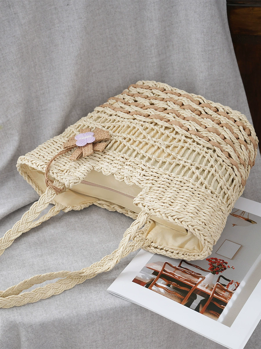 Bolso Tote de Paja Calado con Adornos Florales, Bolso de Hombro Shopper con Cremallera de Tendencia Urbana, Bolso de Mano Mediano Cuadrado Horizontal para Verano 2023 en Blanco Roto, Caqui