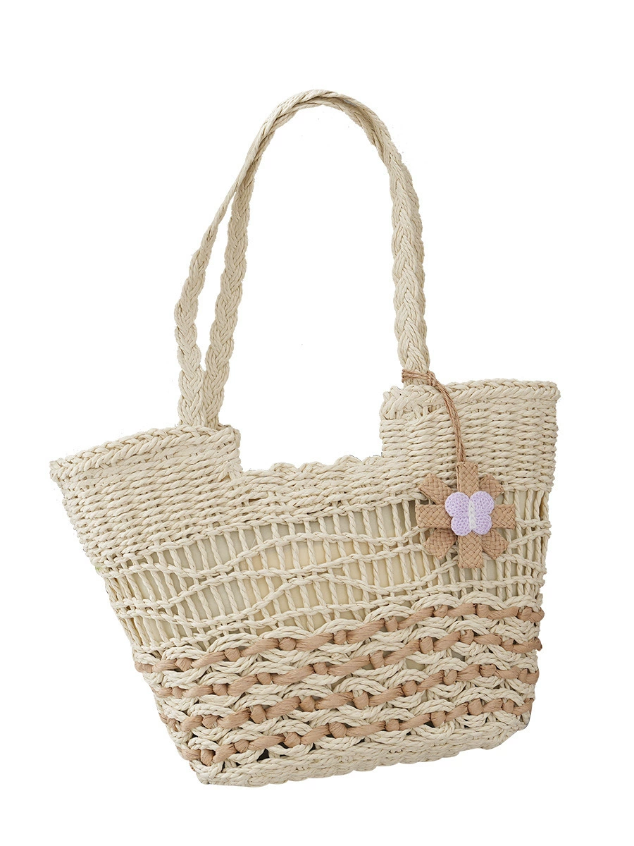 Bolso Tote de Paja Calado con Adornos Florales, Bolso de Hombro Shopper con Cremallera de Tendencia Urbana, Bolso de Mano Mediano Cuadrado Horizontal para Verano 2023 en Blanco Roto, Caqui