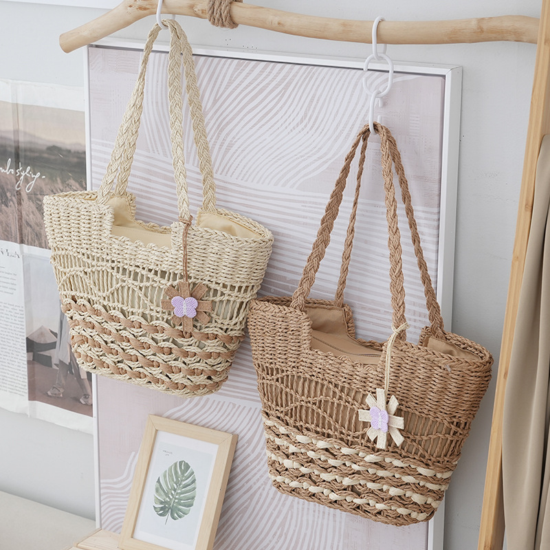 Bolso Tote de Paja Calado con Adornos Florales, Bolso de Hombro Shopper con Cremallera de Tendencia Urbana, Bolso de Mano Mediano Cuadrado Horizontal para Verano 2023 en Blanco Roto, Caqui