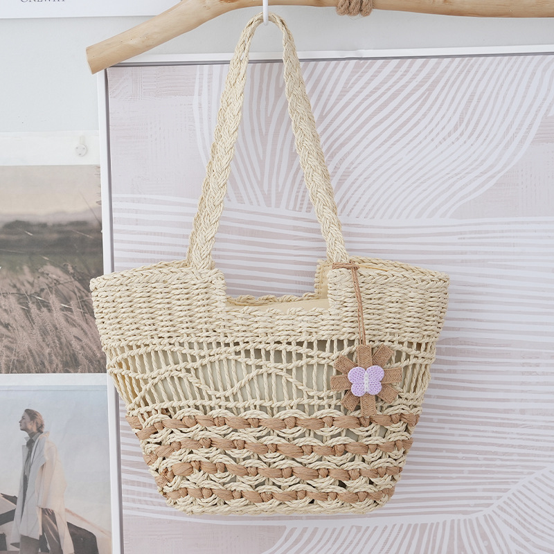 Bolso Tote de Paja Calado con Adornos Florales, Bolso de Hombro Shopper con Cremallera de Tendencia Urbana, Bolso de Mano Mediano Cuadrado Horizontal para Verano 2023 en Blanco Roto, Caqui