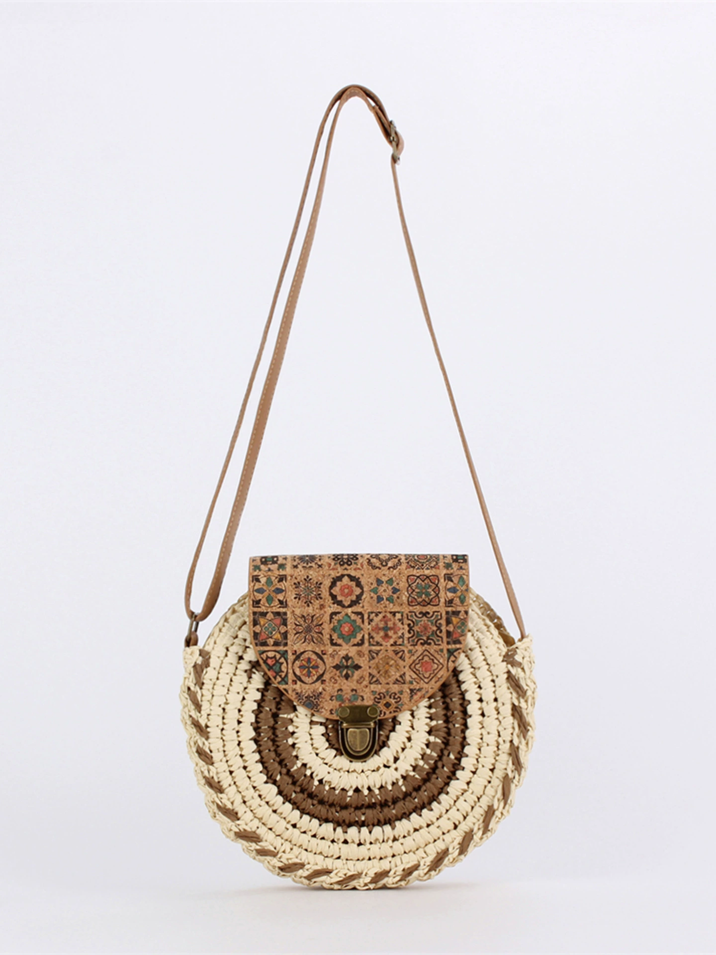 Bolso cruzado redondo de papel tejido bohemio vintage, cartera circular pequeña con solapa con estampado retro de azulejos, hebilla y correa ajustable, bolso de hombro casual diario de 3 colores (camello, beige, marrón oscuro)