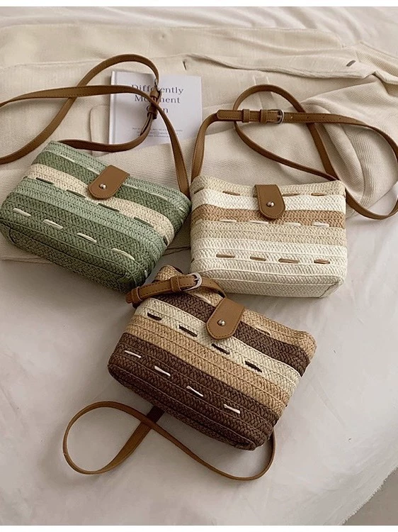 Bolso cruzado de paja a rayas con bloques de color, estilo urbano minimalista con correa ajustable, bolso de hombro pequeño tejido, bolso diario primavera 2024 en blanco roto, verde claro, marrón oscuro