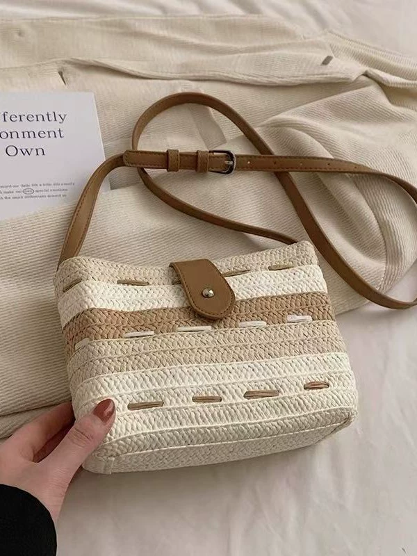 Bolso cruzado de paja a rayas con bloques de color, estilo urbano minimalista con correa ajustable, bolso de hombro pequeño tejido, bolso diario primavera 2024 en blanco roto, verde claro, marrón oscuro
