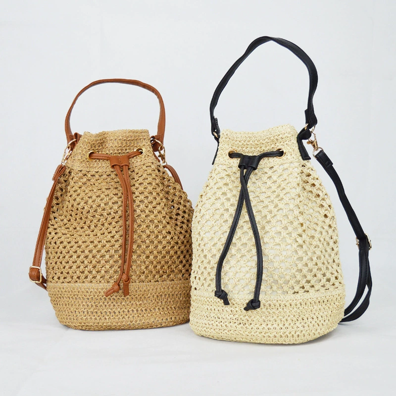 Bolso de mano tipo cubo con cordón de paja, bolso de hombro con tejido hueco de estilo chino artístico, bolso de mano ovalado mediano para uso diario primavera 2023 en caqui, blanco roto, blanco crema