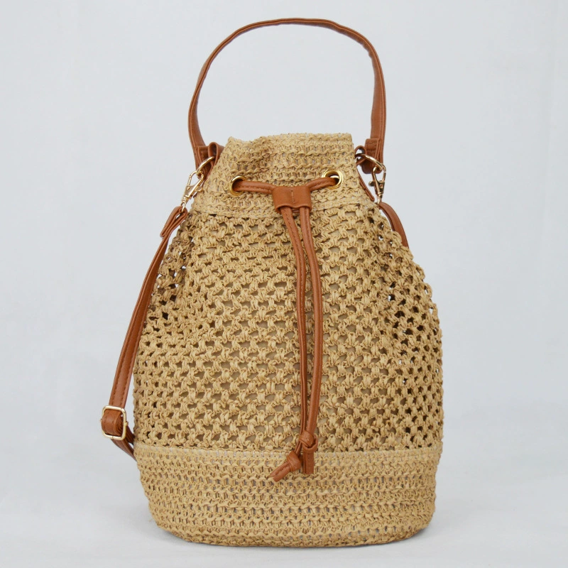 Bolso de mano tipo cubo con cordón de paja, bolso de hombro con tejido hueco de estilo chino artístico, bolso de mano ovalado mediano para uso diario primavera 2023 en caqui, blanco roto, blanco crema