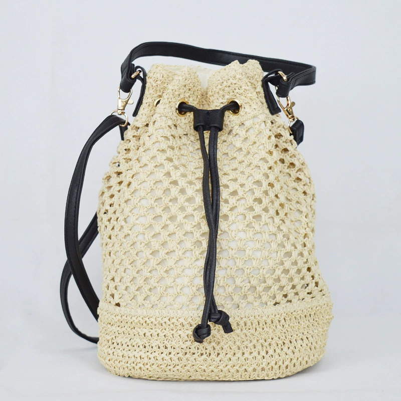 Bolso de mano tipo cubo con cordón de paja, bolso de hombro con tejido hueco de estilo chino artístico, bolso de mano ovalado mediano para uso diario primavera 2023 en caqui, blanco roto, blanco crema