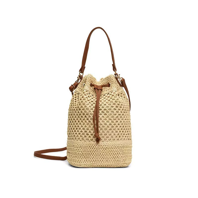 Bolso de mano tipo cubo con cordón de paja, bolso de hombro con tejido hueco de estilo chino artístico, bolso de mano ovalado mediano para uso diario primavera 2023 en caqui, blanco roto, blanco crema