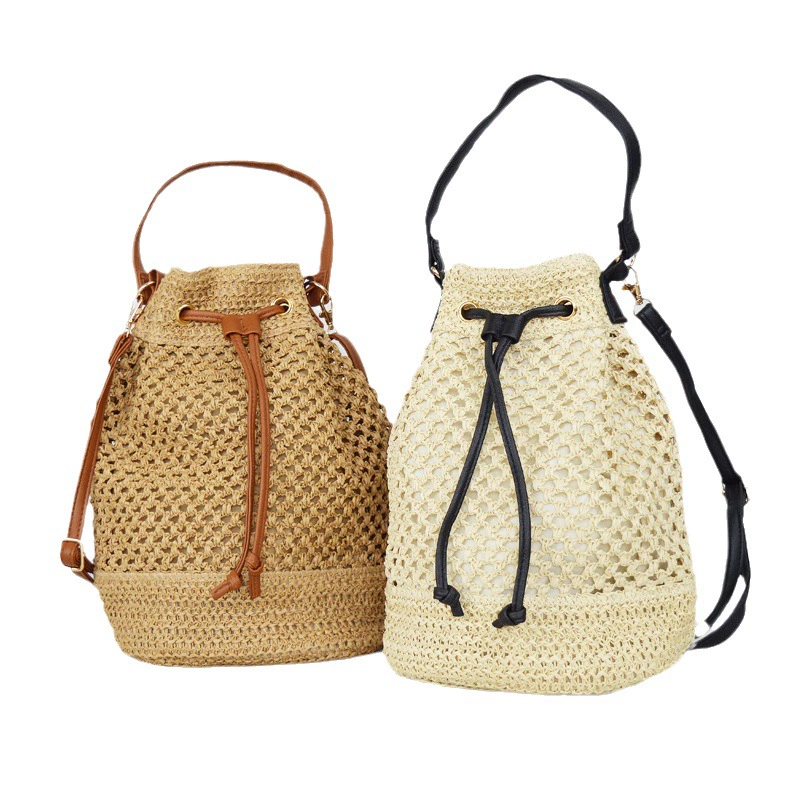 Bolso de mano tipo cubo con cordón de paja, bolso de hombro con tejido hueco de estilo chino artístico, bolso de mano ovalado mediano para uso diario primavera 2023 en caqui, blanco roto, blanco crema