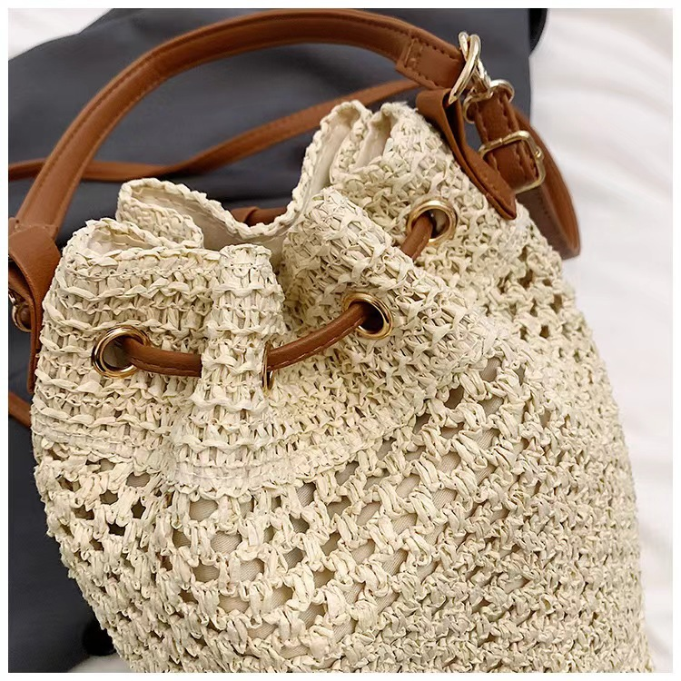 Bolso de mano tipo cubo con cordón de paja, bolso de hombro con tejido hueco de estilo chino artístico, bolso de mano ovalado mediano para uso diario primavera 2023 en caqui, blanco roto, blanco crema