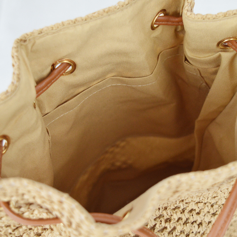Bolso de mano tipo cubo con cordón de paja, bolso de hombro con tejido hueco de estilo chino artístico, bolso de mano ovalado mediano para uso diario primavera 2023 en caqui, blanco roto, blanco crema