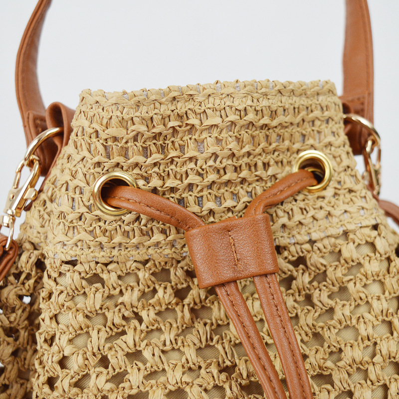 Bolso de mano tipo cubo con cordón de paja, bolso de hombro con tejido hueco de estilo chino artístico, bolso de mano ovalado mediano para uso diario primavera 2023 en caqui, blanco roto, blanco crema