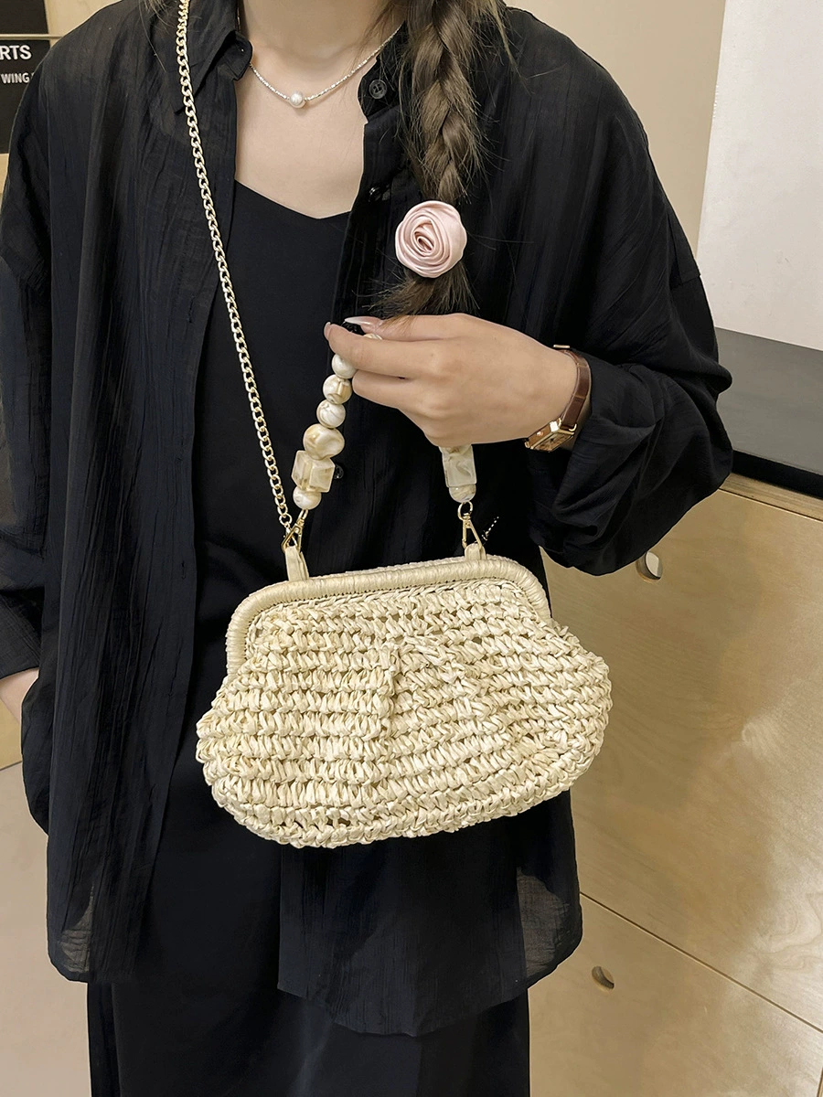 Bolso bandolera de paja con cierre de perlas en forma de concha, bolso de hombro con cadena tejida urbana minimalista, 8 opciones de estilo Bolso de mano Verano 2026 Caqui Blanco roto