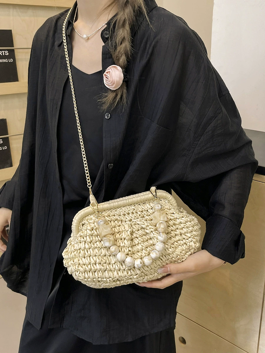 Bolso bandolera de paja con cierre de perlas en forma de concha, bolso de hombro con cadena tejida urbana minimalista, 8 opciones de estilo Bolso de mano Verano 2026 Caqui Blanco roto