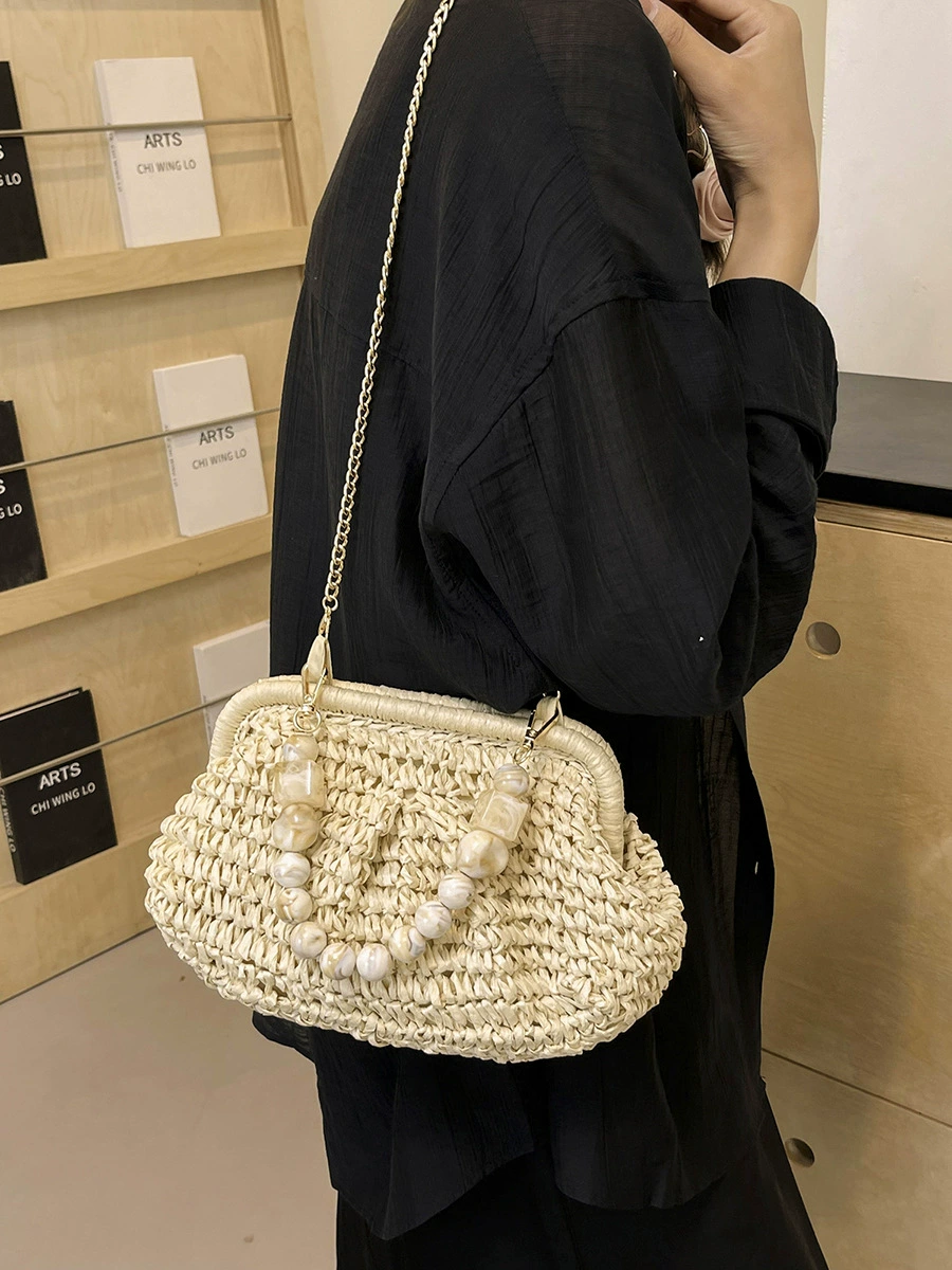 Bolso bandolera de paja con cierre de perlas en forma de concha, bolso de hombro con cadena tejida urbana minimalista, 8 opciones de estilo Bolso de mano Verano 2026 Caqui Blanco roto