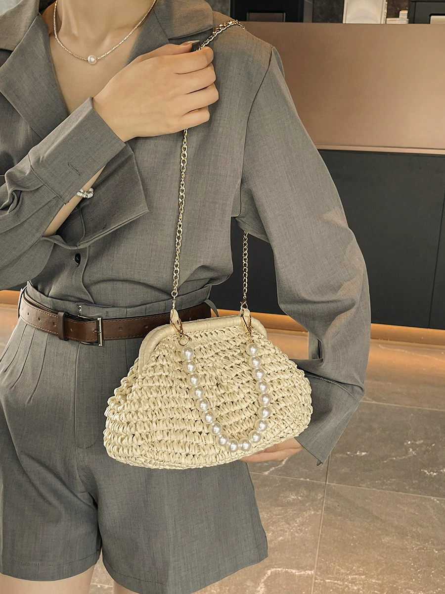 Bolso bandolera de paja con cierre de perlas en forma de concha, bolso de hombro con cadena tejida urbana minimalista, 8 opciones de estilo Bolso de mano Verano 2026 Caqui Blanco roto
