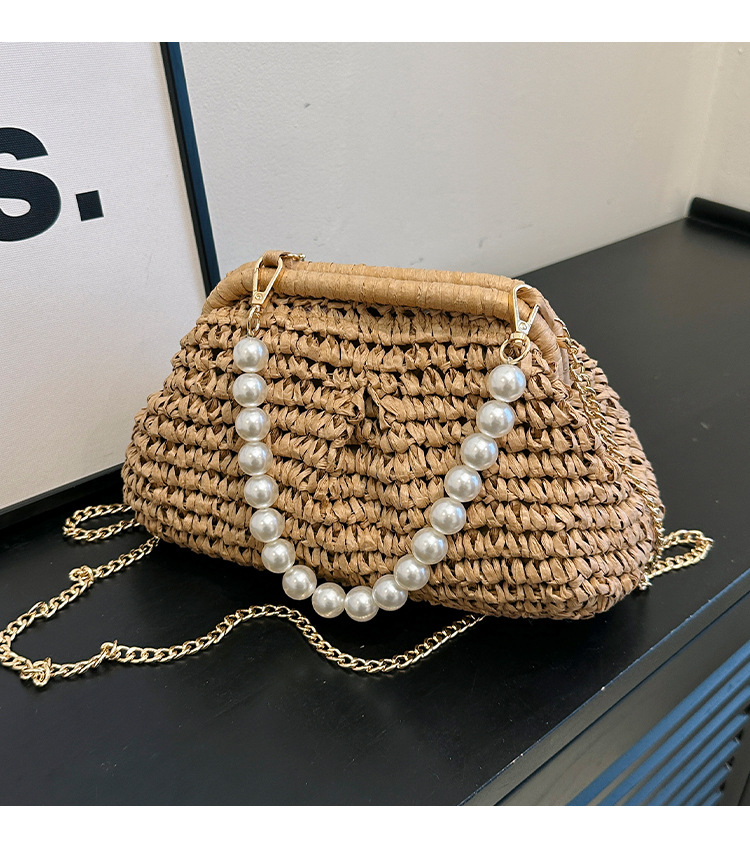 Bolso bandolera de paja con cierre de perlas en forma de concha, bolso de hombro con cadena tejida urbana minimalista, 8 opciones de estilo Bolso de mano Verano 2026 Caqui Blanco roto