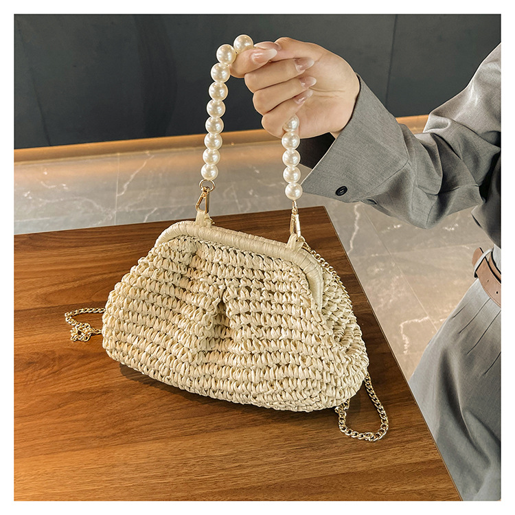 Bolso bandolera de paja con cierre de perlas en forma de concha, bolso de hombro con cadena tejida urbana minimalista, 8 opciones de estilo Bolso de mano Verano 2026 Caqui Blanco roto