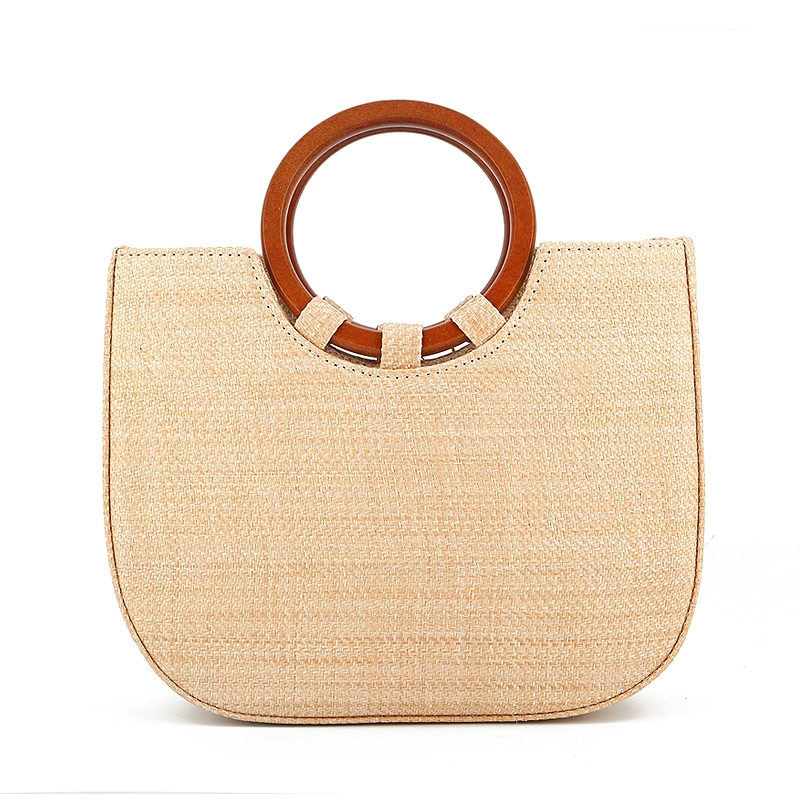 Bolso de mano de paja con asa de madera en forma de corazón, bolso de mano tejido con cordón, minimalista urbano, bolso de uso diario Primavera 2026 color caqui y blanco roto, en stock