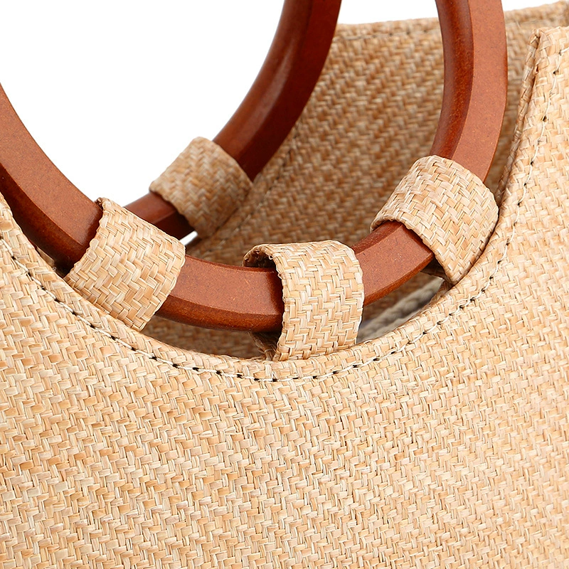 Bolso de mano de paja con asa de madera en forma de corazón, bolso de mano tejido con cordón, minimalista urbano, bolso de uso diario Primavera 2026 color caqui y blanco roto, en stock