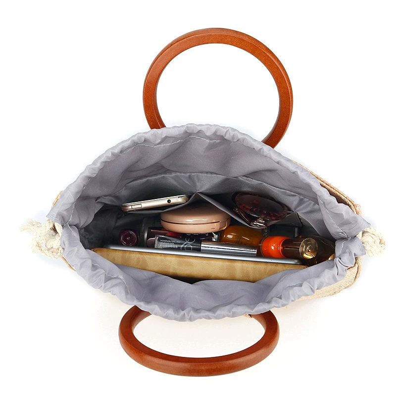 Bolso de mano de paja con asa de madera en forma de corazón, bolso de mano tejido con cordón, minimalista urbano, bolso de uso diario Primavera 2026 color caqui y blanco roto, en stock