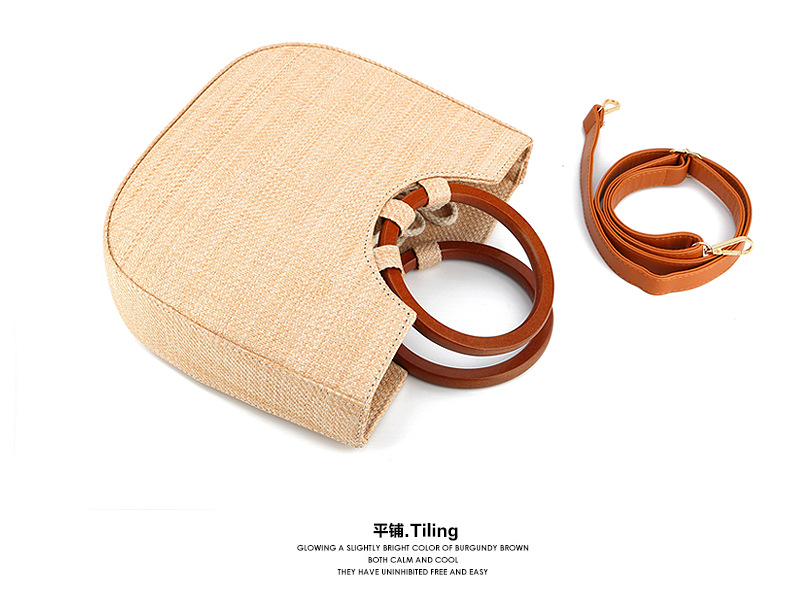 Bolso de mano de paja con asa de madera en forma de corazón, bolso de mano tejido con cordón, minimalista urbano, bolso de uso diario Primavera 2026 color caqui y blanco roto, en stock