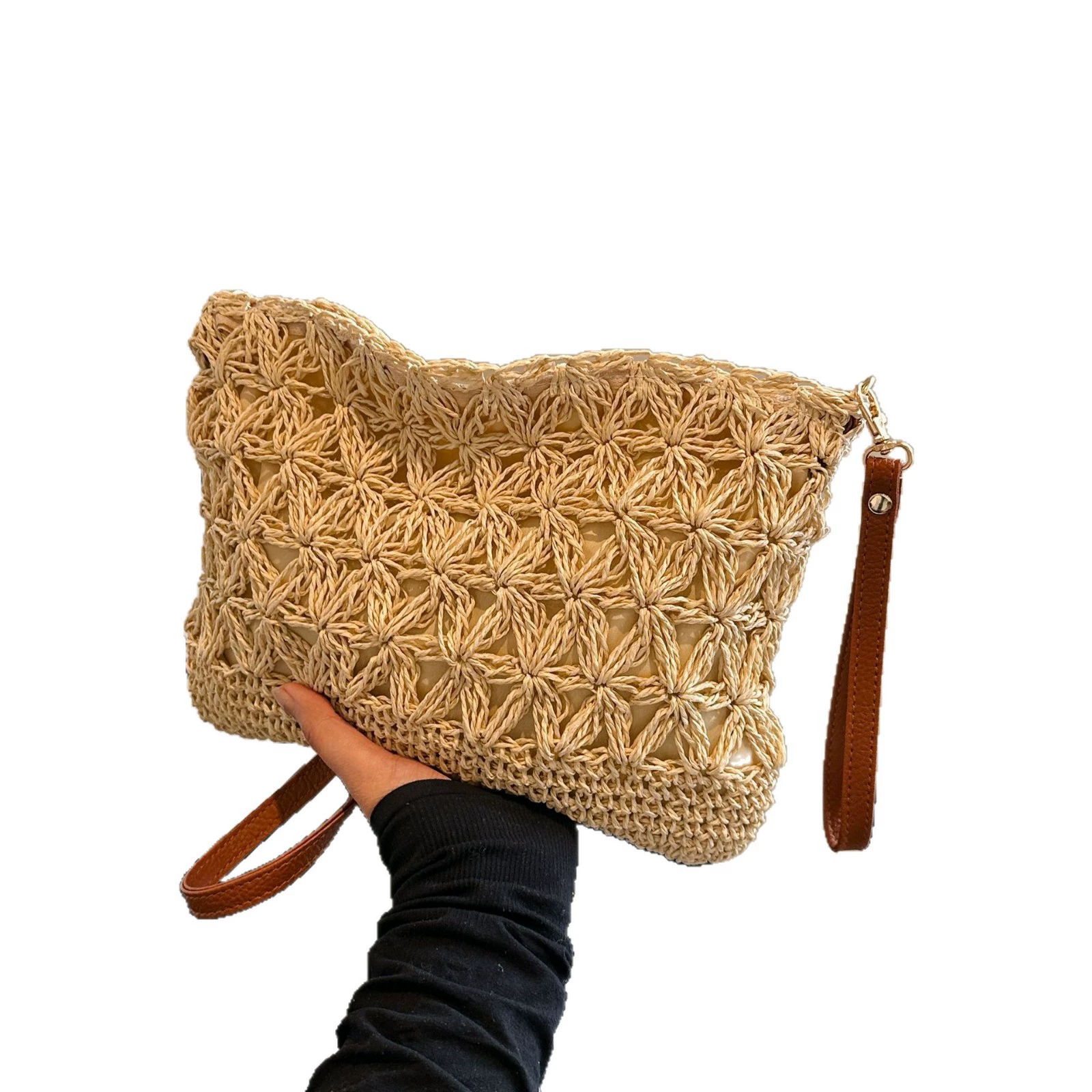 Bolso bandolera de crochet con motivos florales de papel trenzado, bolso de hombro cuadrado horizontal suave con cremallera, tendencia urbana, bolso informal primavera 2026, color blanco roto caqui, 2 opciones de color