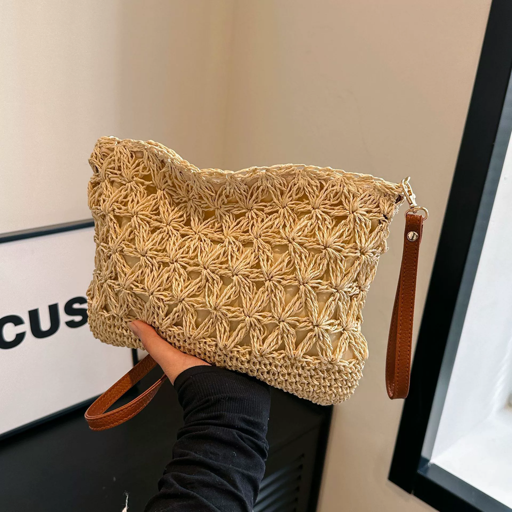 Bolso bandolera de crochet con motivos florales de papel trenzado, bolso de hombro cuadrado horizontal suave con cremallera, tendencia urbana, bolso informal primavera 2026, color blanco roto caqui, 2 opciones de color