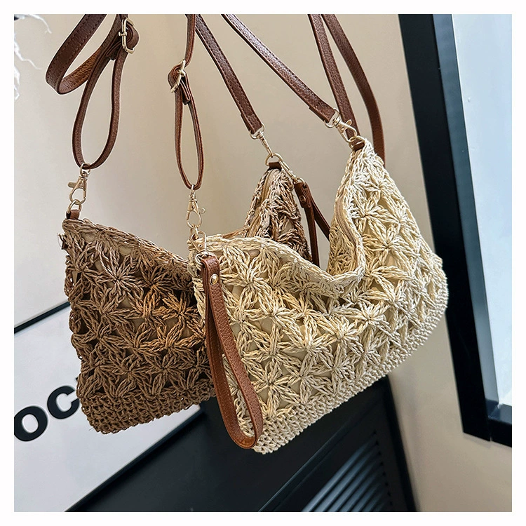 Bolso bandolera de crochet con motivos florales de papel trenzado, bolso de hombro cuadrado horizontal suave con cremallera, tendencia urbana, bolso informal primavera 2026, color blanco roto caqui, 2 opciones de color