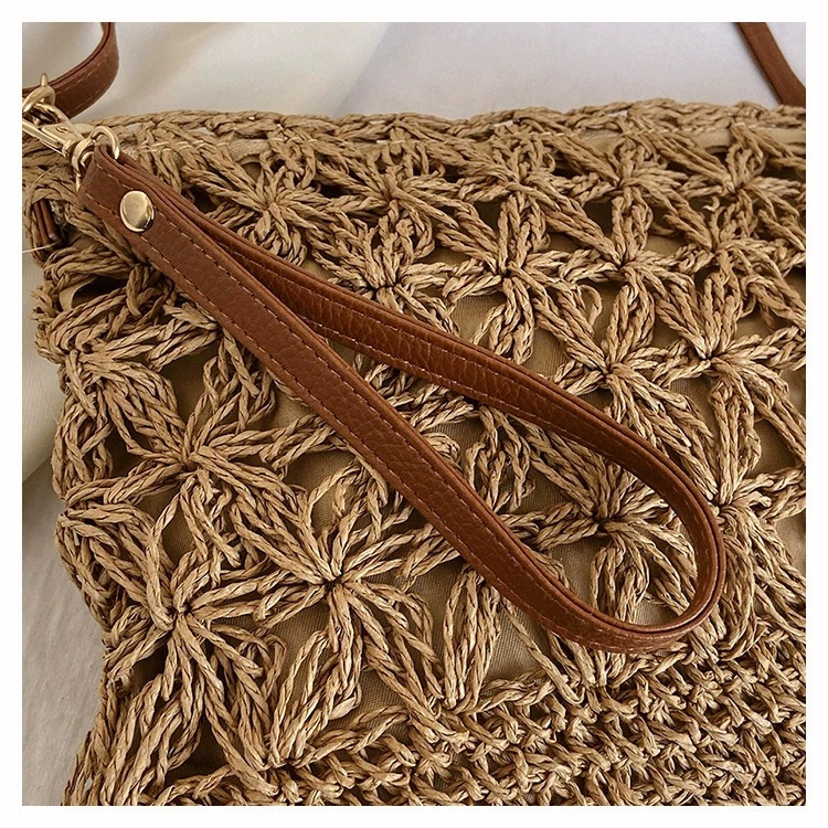 Bolso bandolera de crochet con motivos florales de papel trenzado, bolso de hombro cuadrado horizontal suave con cremallera, tendencia urbana, bolso informal primavera 2026, color blanco roto caqui, 2 opciones de color