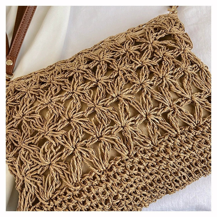 Bolso bandolera de crochet con motivos florales de papel trenzado, bolso de hombro cuadrado horizontal suave con cremallera, tendencia urbana, bolso informal primavera 2026, color blanco roto caqui, 2 opciones de color