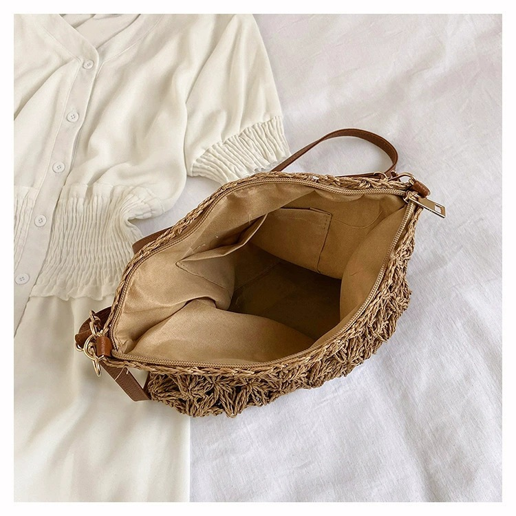 Bolso bandolera de crochet con motivos florales de papel trenzado, bolso de hombro cuadrado horizontal suave con cremallera, tendencia urbana, bolso informal primavera 2026, color blanco roto caqui, 2 opciones de color