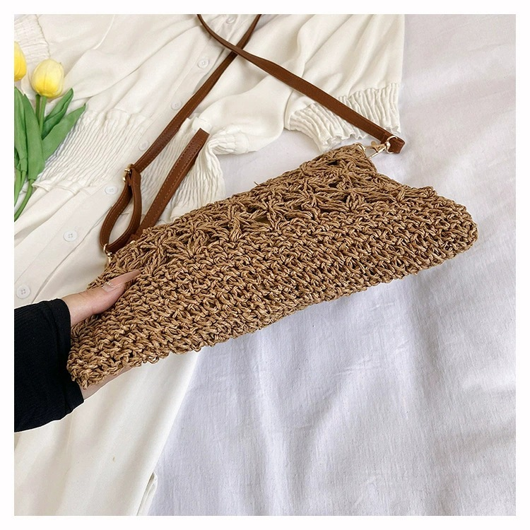 Bolso bandolera de crochet con motivos florales de papel trenzado, bolso de hombro cuadrado horizontal suave con cremallera, tendencia urbana, bolso informal primavera 2026, color blanco roto caqui, 2 opciones de color