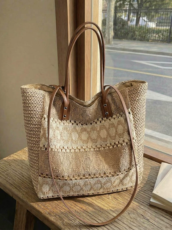 Bolso Grande Tote de Paja Hueca Rayada, Bolso de Hombro Trenzado con Cremallera Tendencia Transfronteriza, Bolso de Mano de Playa Cuadrado Horizontal Verano 2026 Caqui Blanco Roto