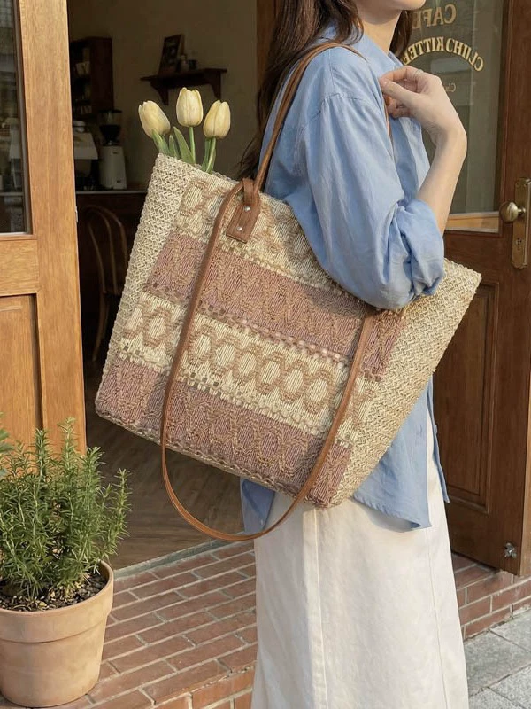 Bolso Grande Tote de Paja Hueca Rayada, Bolso de Hombro Trenzado con Cremallera Tendencia Transfronteriza, Bolso de Mano de Playa Cuadrado Horizontal Verano 2026 Caqui Blanco Roto