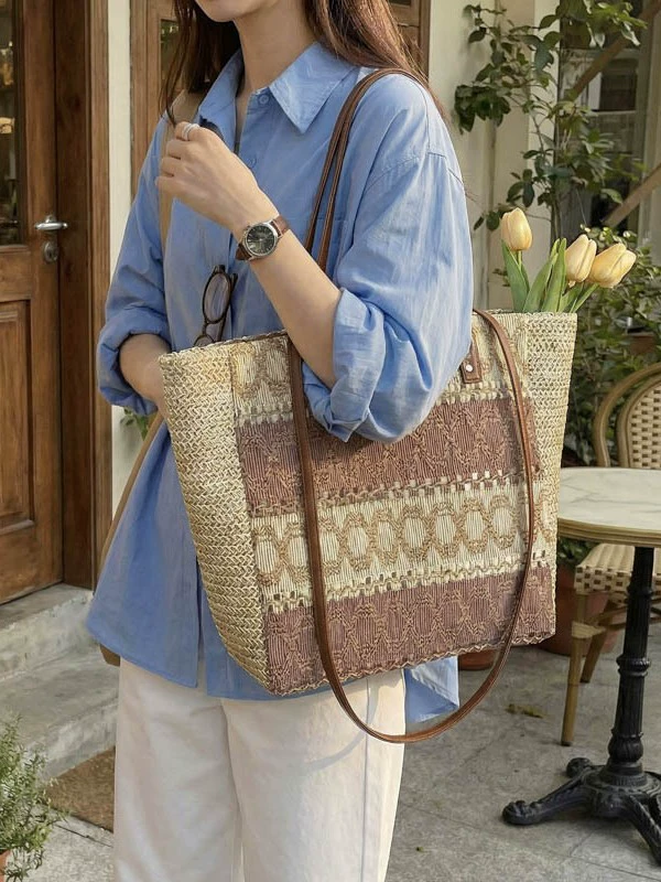 Bolso Grande Tote de Paja Hueca Rayada, Bolso de Hombro Trenzado con Cremallera Tendencia Transfronteriza, Bolso de Mano de Playa Cuadrado Horizontal Verano 2026 Caqui Blanco Roto
