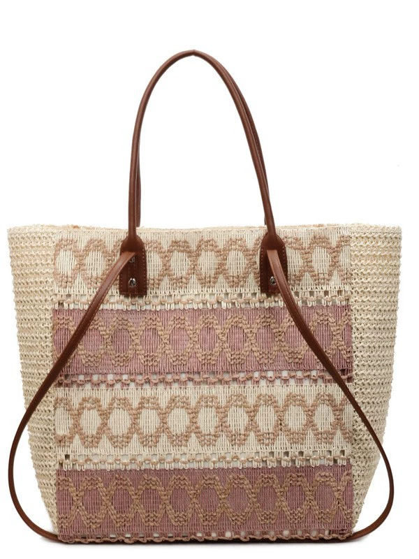 Bolso Grande Tote de Paja Hueca Rayada, Bolso de Hombro Trenzado con Cremallera Tendencia Transfronteriza, Bolso de Mano de Playa Cuadrado Horizontal Verano 2026 Caqui Blanco Roto