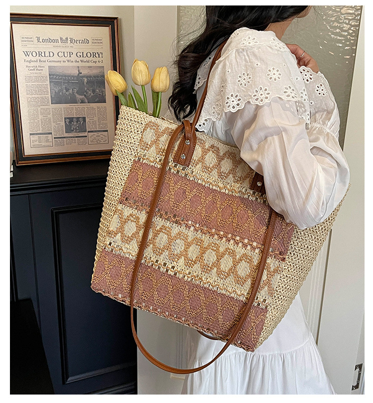 Bolso Grande Tote de Paja Hueca Rayada, Bolso de Hombro Trenzado con Cremallera Tendencia Transfronteriza, Bolso de Mano de Playa Cuadrado Horizontal Verano 2026 Caqui Blanco Roto