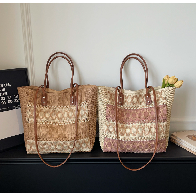 Bolso Grande Tote de Paja Hueca Rayada, Bolso de Hombro Trenzado con Cremallera Tendencia Transfronteriza, Bolso de Mano de Playa Cuadrado Horizontal Verano 2026 Caqui Blanco Roto