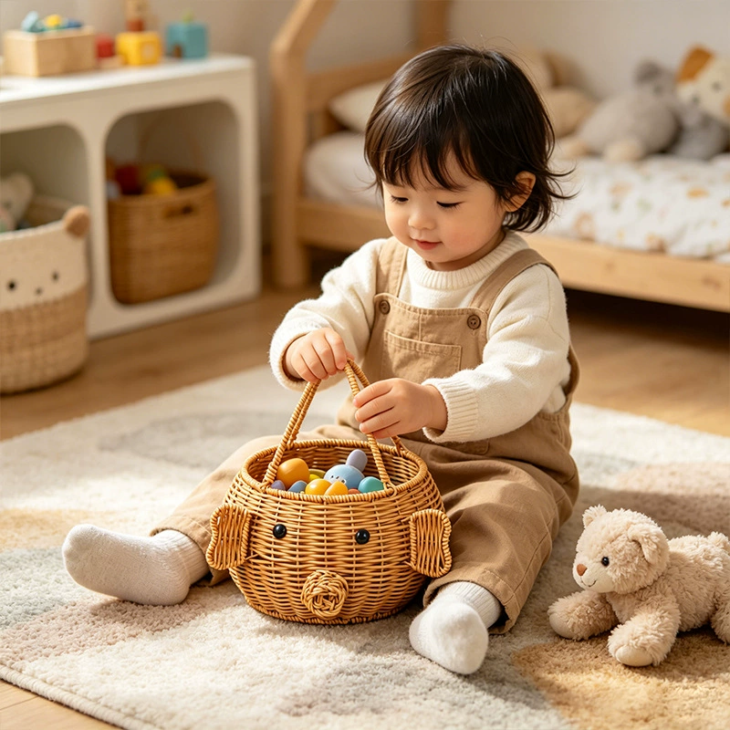 Cesta de Almacenamiento de Juguetes de Mimbre con Asas de Animales Lindos – Organizador de Guardería para Niños